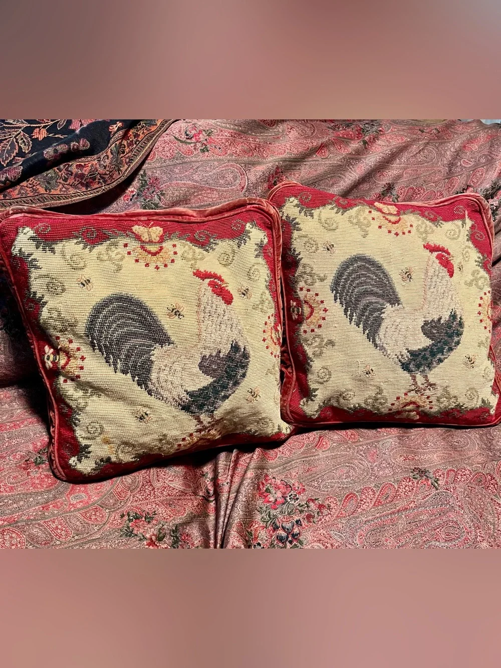Wool Needlepoint Throw Pillows Feather Cushions Rooster Design Pair